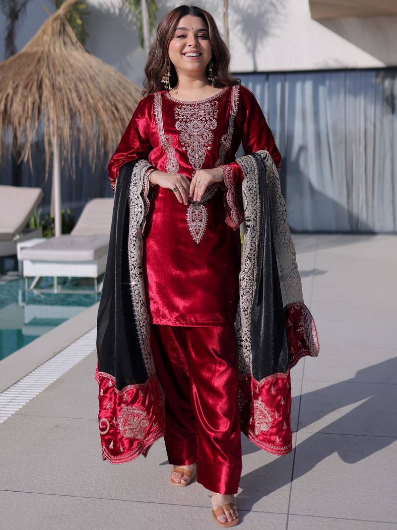  Red Zari Embroidered Velvet  Festive Kameez