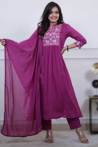 Wine cotton embroidered kurta dupatta