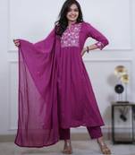 wine cotton embroidered kurta dupatta