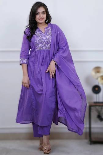 Voilet cotton embroidered kurta dupatta