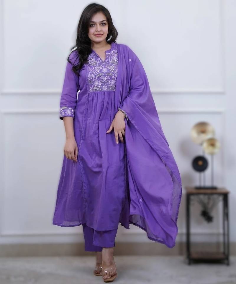 Voilet cotton embroidered kurta dupatta