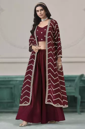 Maroon chinon fabric embroidered top and palazzo