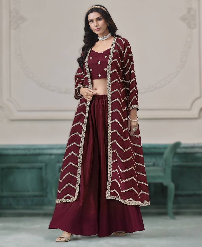 Maroon chinon fabric embroidered top and palazzo