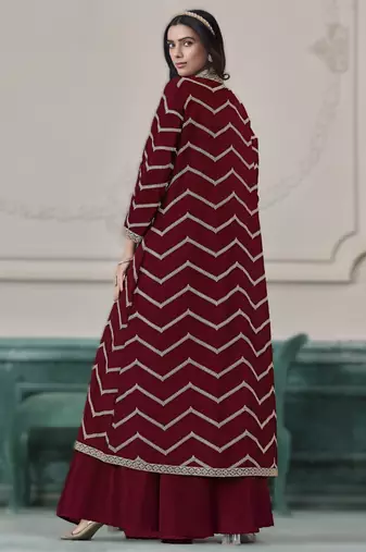 maroon chinon fabric embroidered top and palazzo