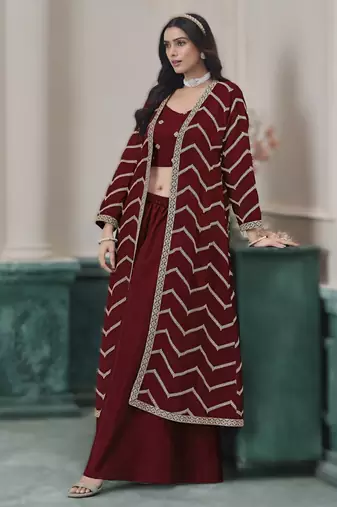 maroon chinon fabric embroidered top and palazzo