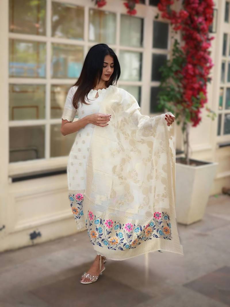 white viscose jacquard kurti bottom & dupatta