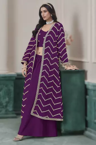 purple chinon fabric embroidered top and palazzo 