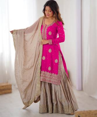 rani pink chinon silk kurti sharara with dupatta 1