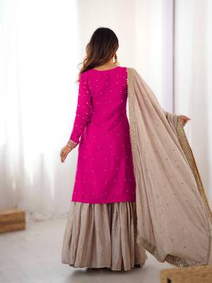 rani pink chinon silk kurti sharara with dupatta 2