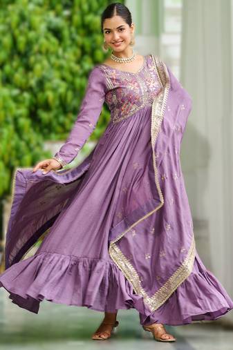 Onion vichitra silk embroidered anarkali gown with dupatta in pista green & lavender