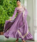 onion vichitra silk embroidered anarkali gown with dupatta in pista green & lavender