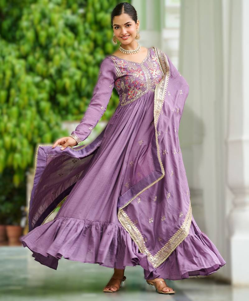 Onion vichitra silk embroidered anarkali gown with dupatta in pista green & lavender