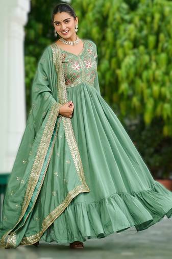 Pista green vichitra silk embroidered anarkali gown with dupatta in pista green & lavender