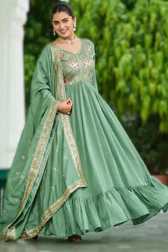 Pista green vichitra silk embroidered anarkali gown with dupatta in pista green & lavender