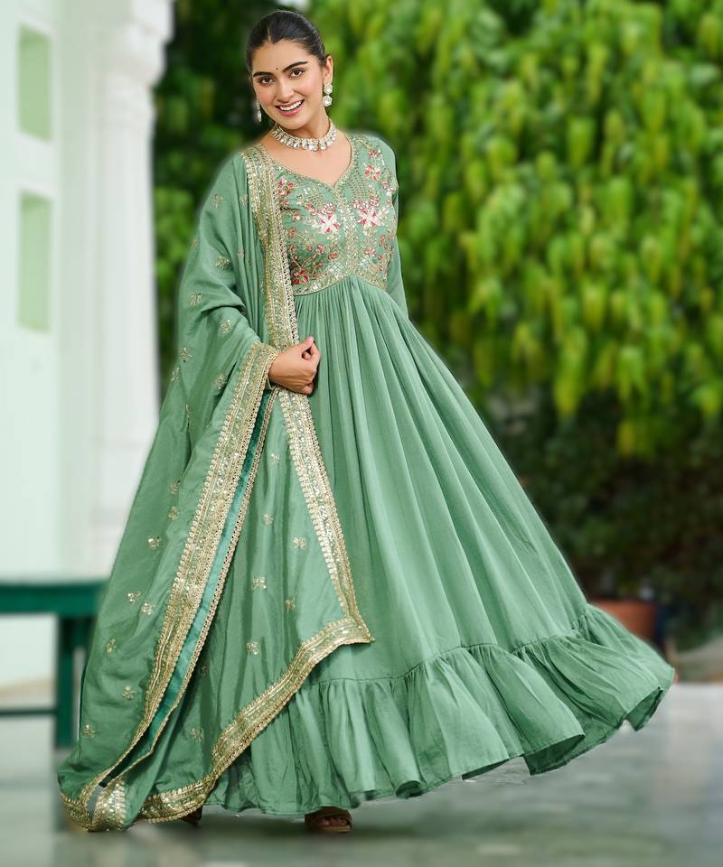 Pista green vichitra silk embroidered anarkali gown with dupatta in pista green & lavender