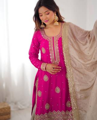 rani pink chinon silk kurti sharara with dupatta 3