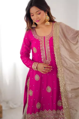 rani pink chinon silk kurti sharara with dupatta
