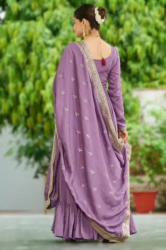 onion vichitra silk embroidered anarkali gown with dupatta in pista green & lavender