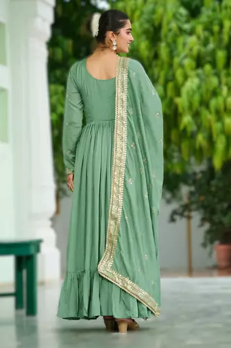 pista green vichitra silk embroidered anarkali gown with dupatta in pista green & lavender