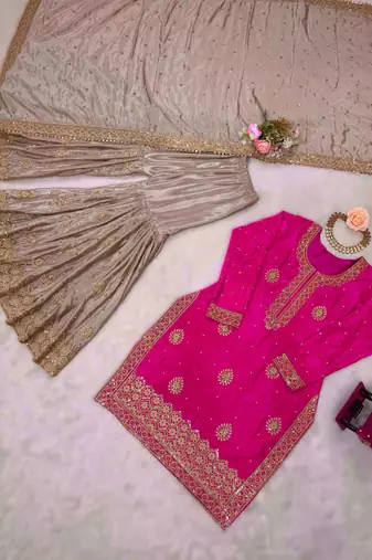 rani pink chinon silk kurti sharara with dupatta
