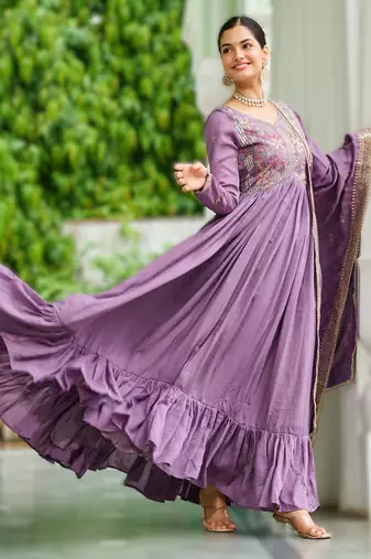 onion vichitra silk embroidered anarkali gown with dupatta in pista green & lavender