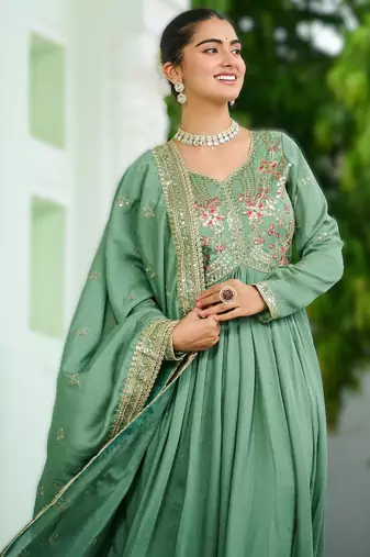 pista green vichitra silk embroidered anarkali gown with dupatta in pista green & lavender