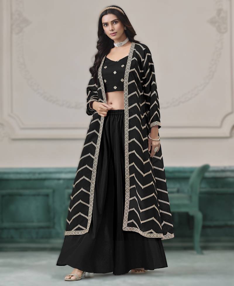 black chinon embroidered top blouse with palazzo