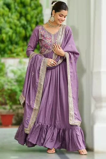 onion vichitra silk embroidered anarkali gown with dupatta in pista green & lavender