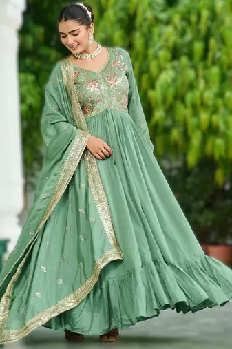 pista green vichitra silk embroidered anarkali gown with dupatta in pista green & lavender