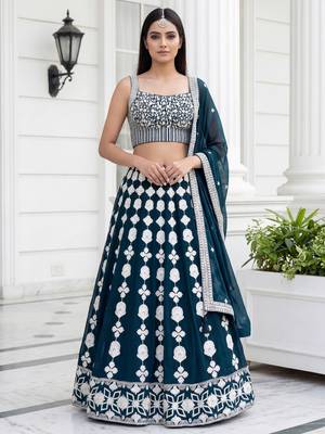 green thread embroidered georgette party lehenga set choli with dupatta 1