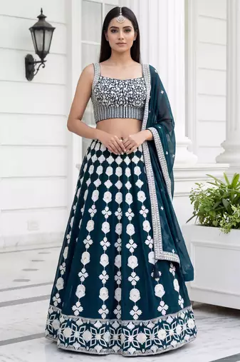 green thread embroidered georgette party lehenga set choli with dupatta