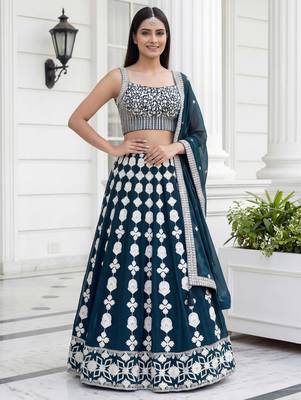 green thread embroidered georgette party lehenga set choli with dupatta 2