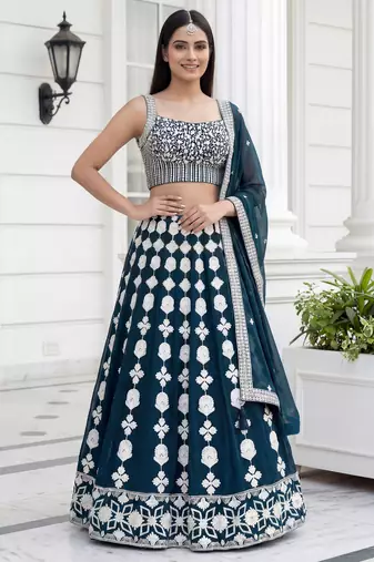 green thread embroidered georgette party lehenga set choli with dupatta