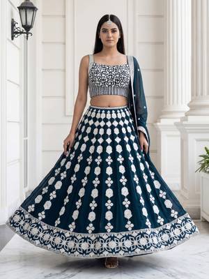 green thread embroidered georgette party lehenga set choli with dupatta 3