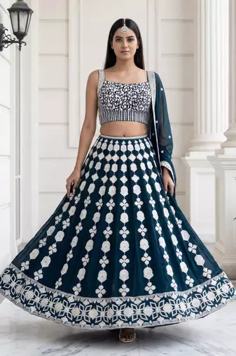 green thread embroidered georgette party lehenga set choli with dupatta