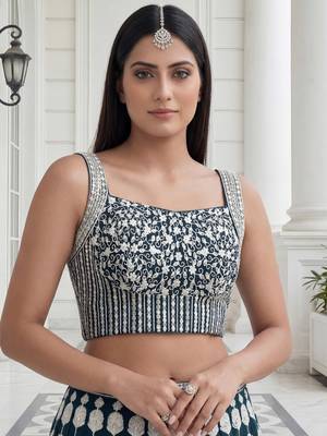 green thread embroidered georgette party lehenga set choli with dupatta 4