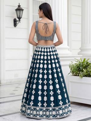 green thread embroidered georgette party lehenga set choli with dupatta 5