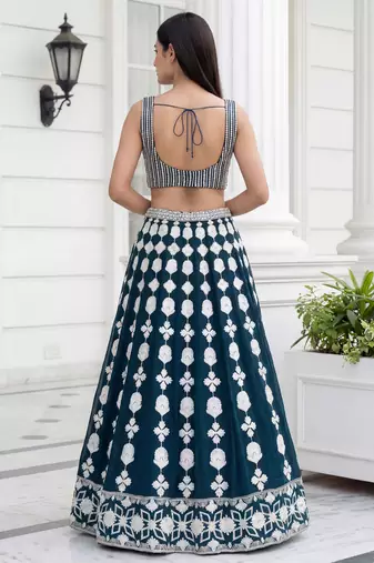 green thread embroidered georgette party lehenga set choli with dupatta