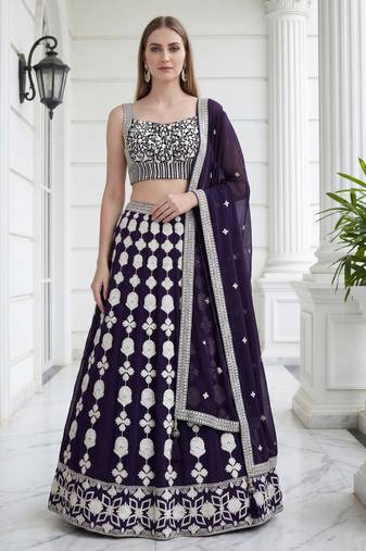 purple sequins embroidered georgette party lehenga set choli with dupatta