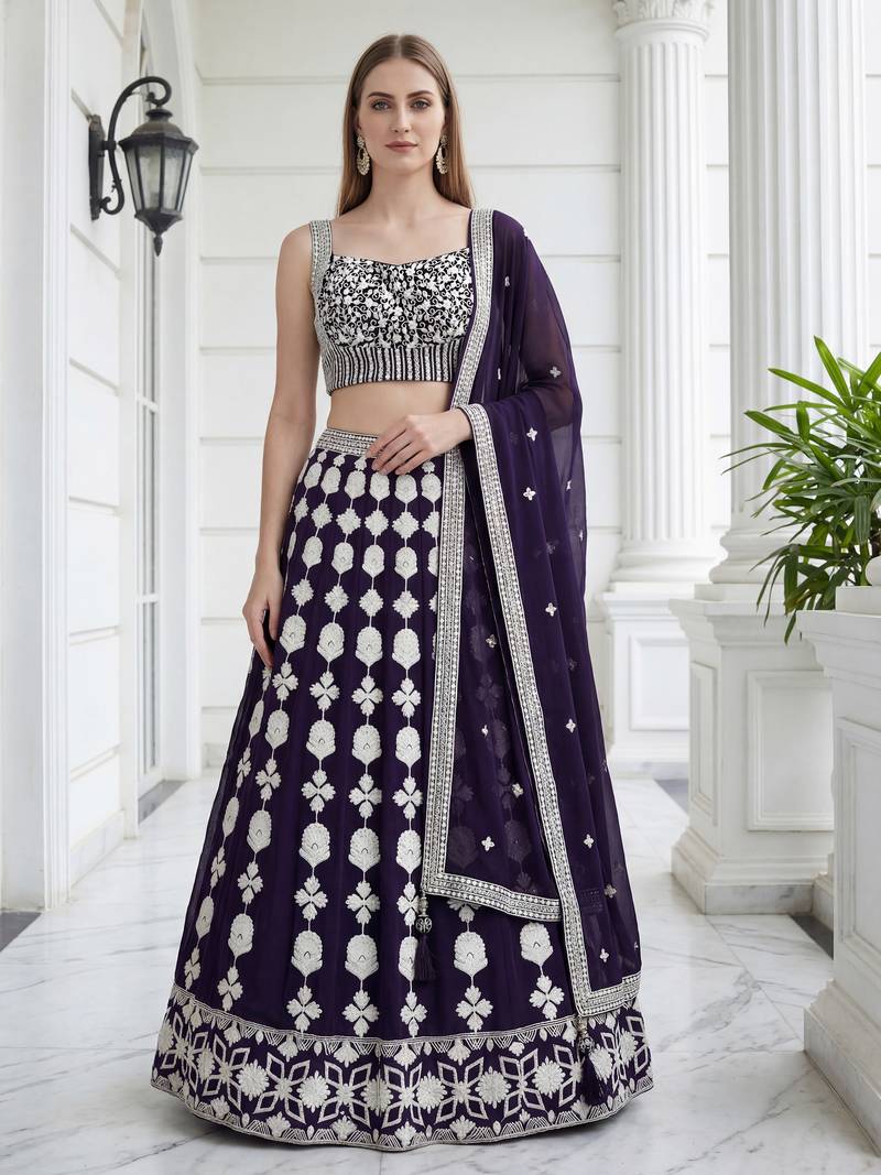 purple sequins embroidered georgette party lehenga set choli with dupatta