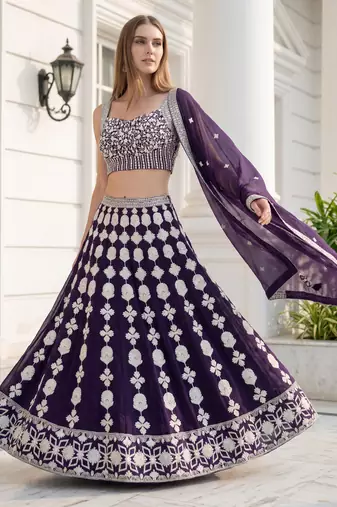 purple sequins embroidered georgette party lehenga set choli with dupatta