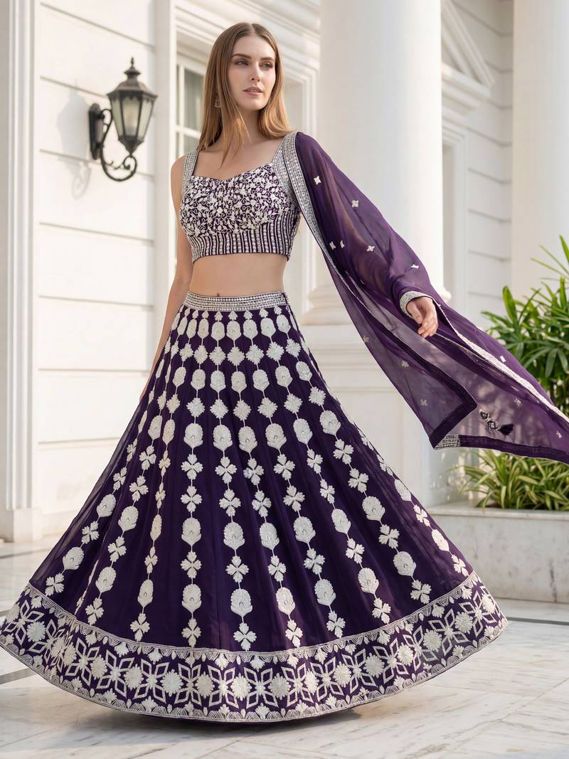 purple sequins embroidered georgette party lehenga set choli with dupatta
