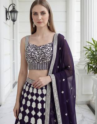 purple sequins embroidered georgette party lehenga set choli with dupatta 4
