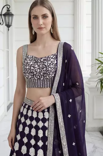 purple sequins embroidered georgette party lehenga set choli with dupatta