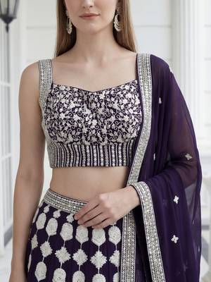 purple sequins embroidered georgette party lehenga set choli with dupatta 5