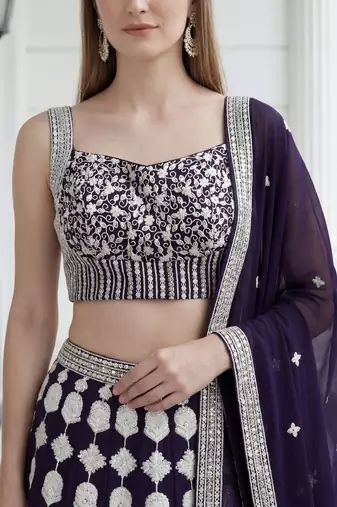 purple sequins embroidered georgette party lehenga set choli with dupatta