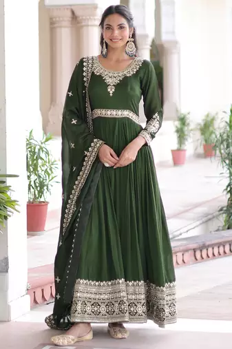  Green Embroidered Silk Festive Wear Gown With Dupatta