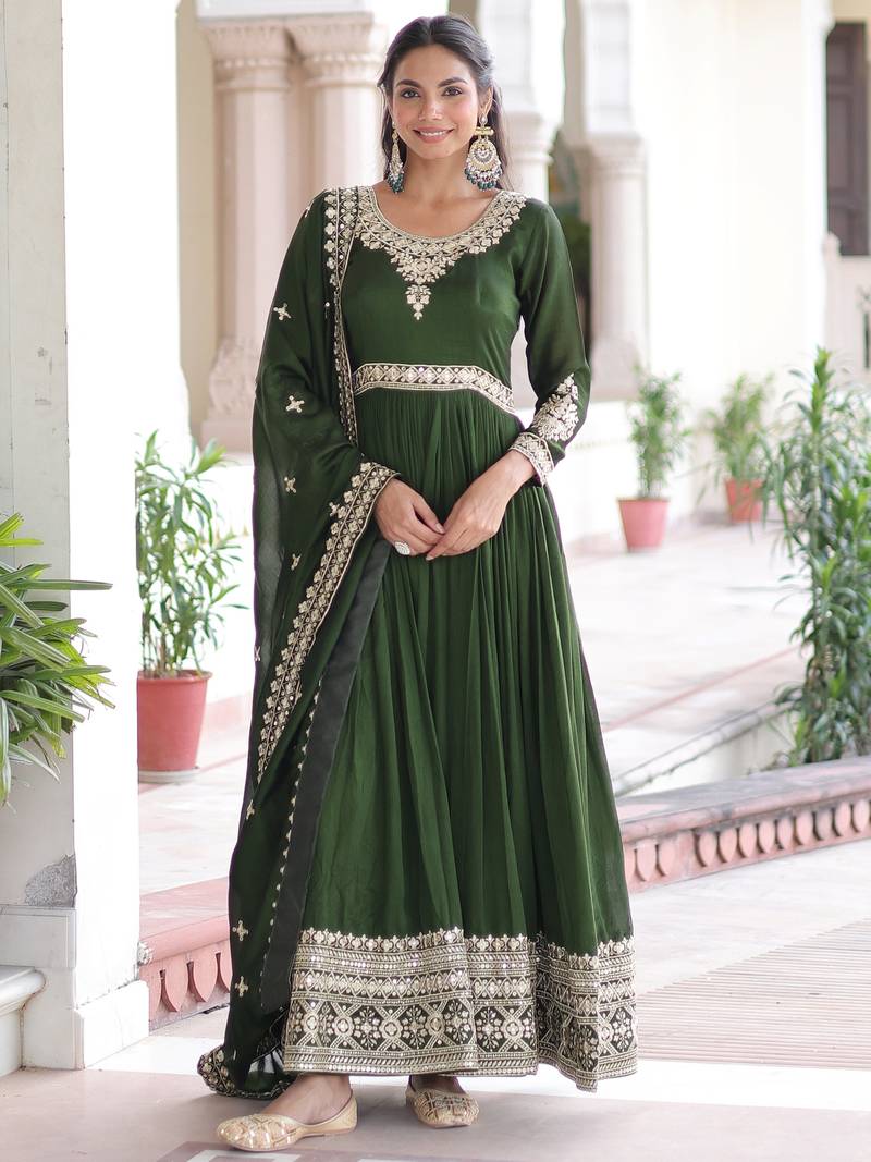  Green Embroidered Silk Festive Wear Gown With Dupatta