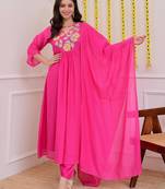 Hot pink chanderi silk heavy thread embroidery work kurta pant set