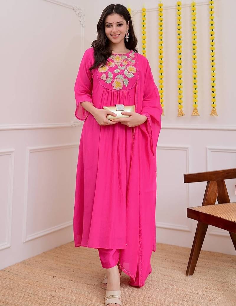 Hot pink chanderi silk heavy thread embroidery work kurta pant set